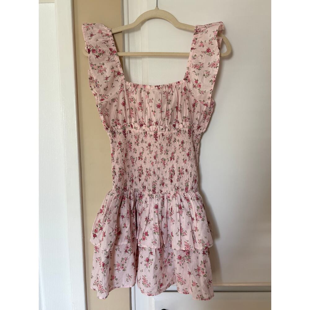 H&M NWT Pink Floral Cottagecore Mini Dress Ruffle Strap Tie Front - Picture 4 of 5